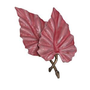 Vintage Two Leaf Leaves Pink Goldtone Brooch Pin